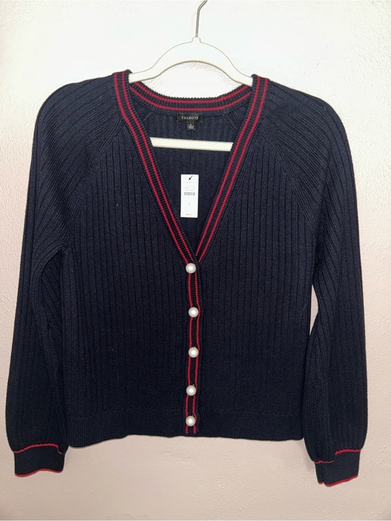 Talbots Sweaters - Talbots Navy Ribbed Cardigan w/ Red Trim and Pearl Buttons